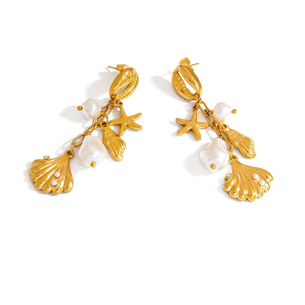 Starfish Conch Seashell Pearl Earrings