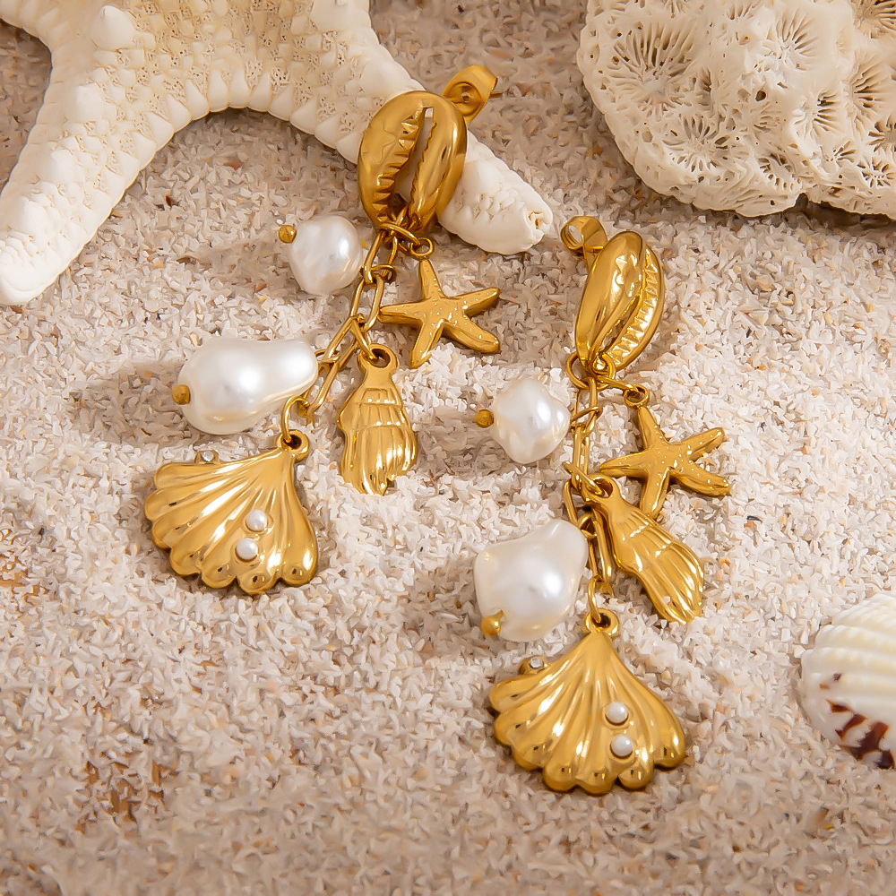 Starfish Conch Seashell Pearl Earrings