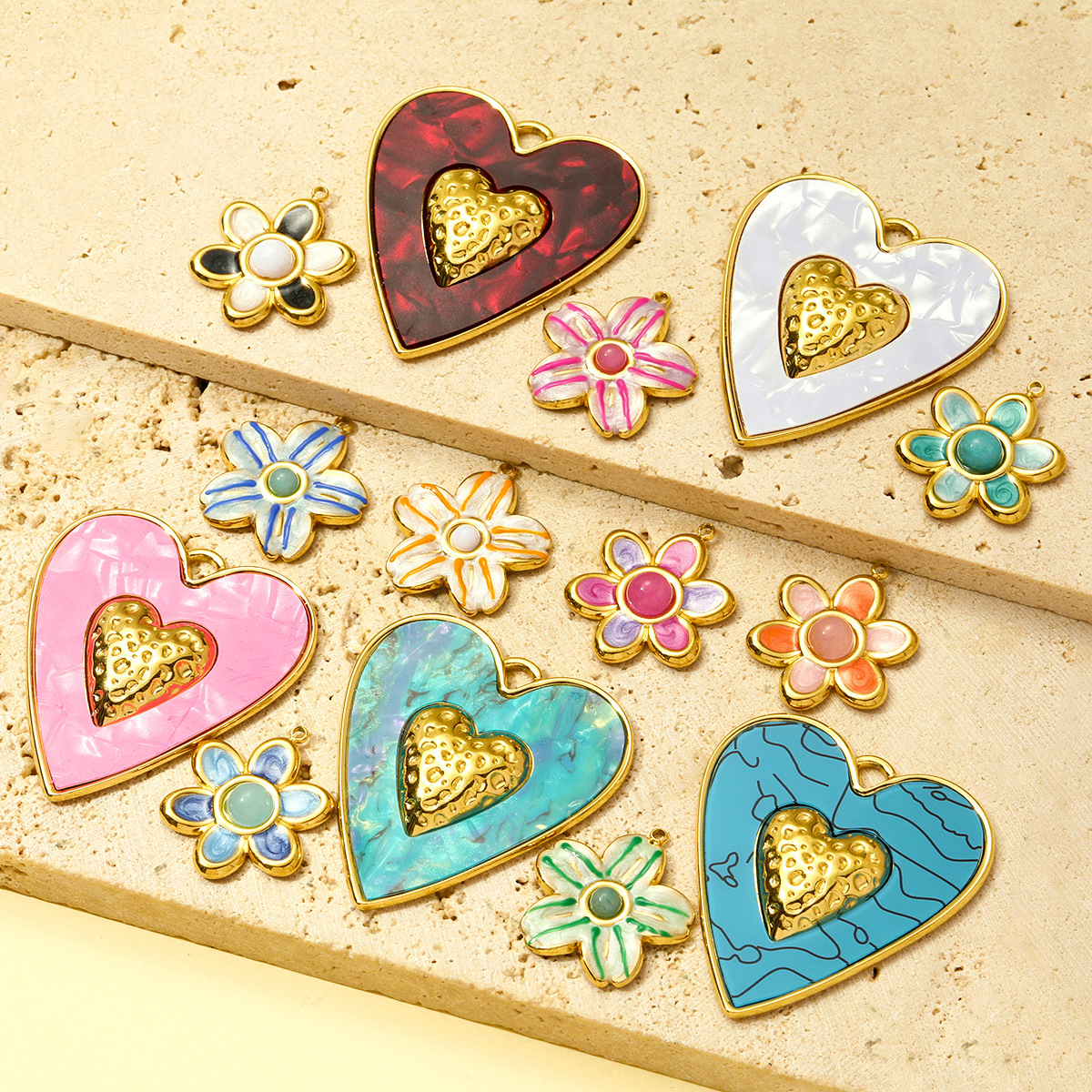 Natural Stone Flower Heart Stainless Steel Charms