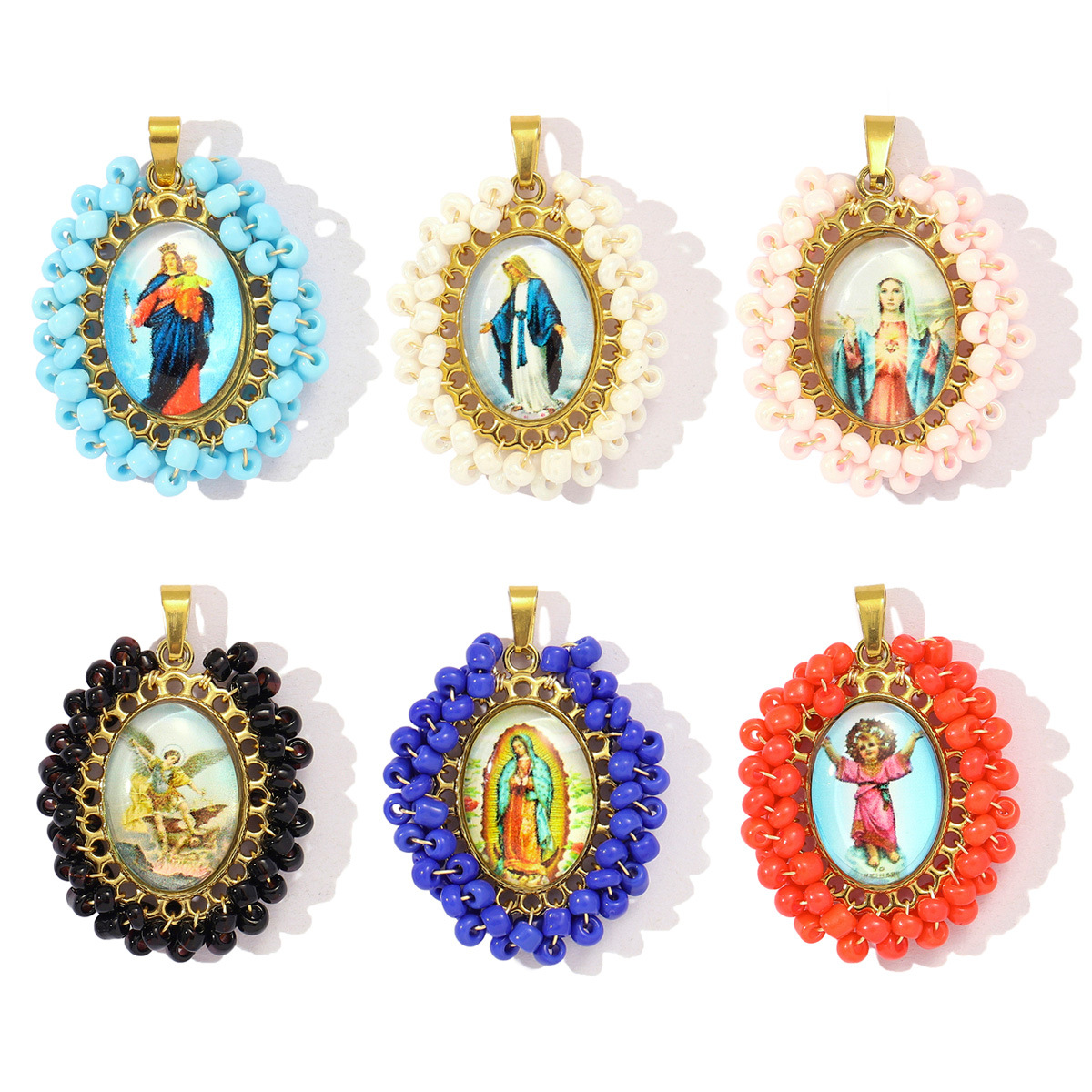 Woven Millet Beads Virgin Mary Stainless Steel Charms