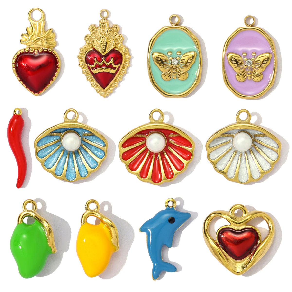Enamel Shell Dolphin Pepper Stainless Steel Charms