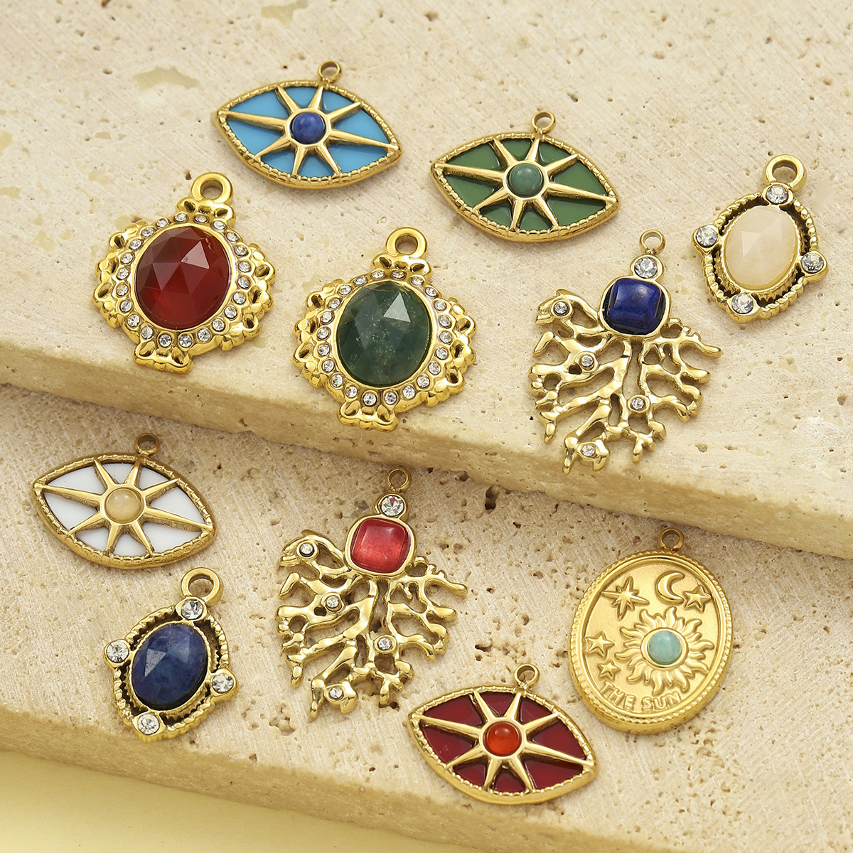 Natural Stone Star Sun Coral Eye Stainless Steel Charms