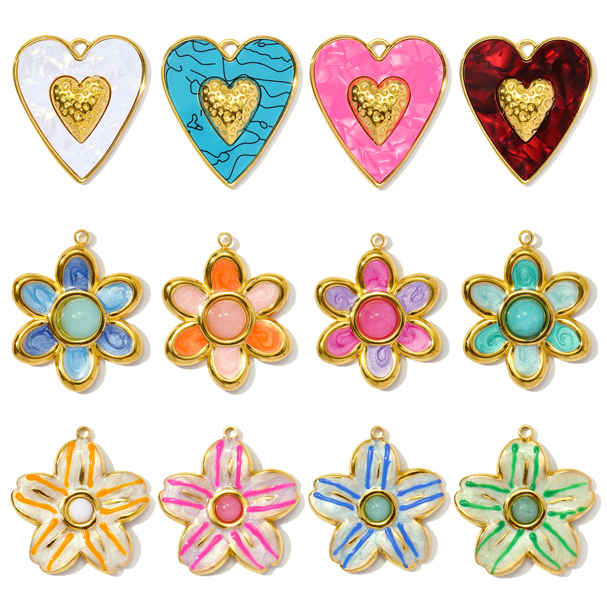 Natural Stone Flower Heart Stainless Steel Charms