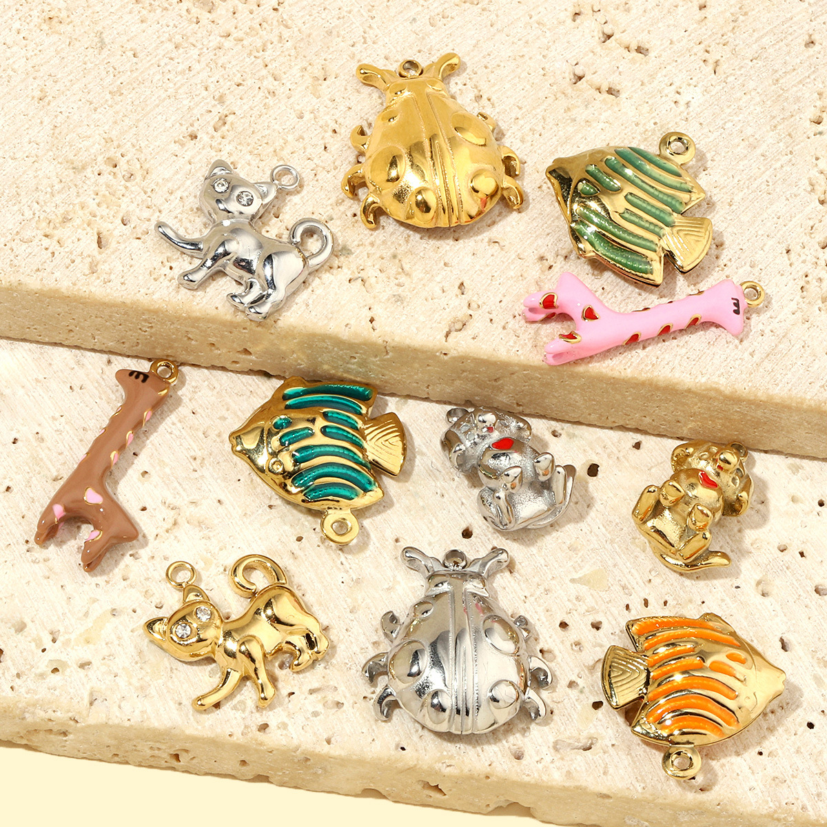 Enamel Puppy Kitten Giraffe Fish Stainless Steel Charms