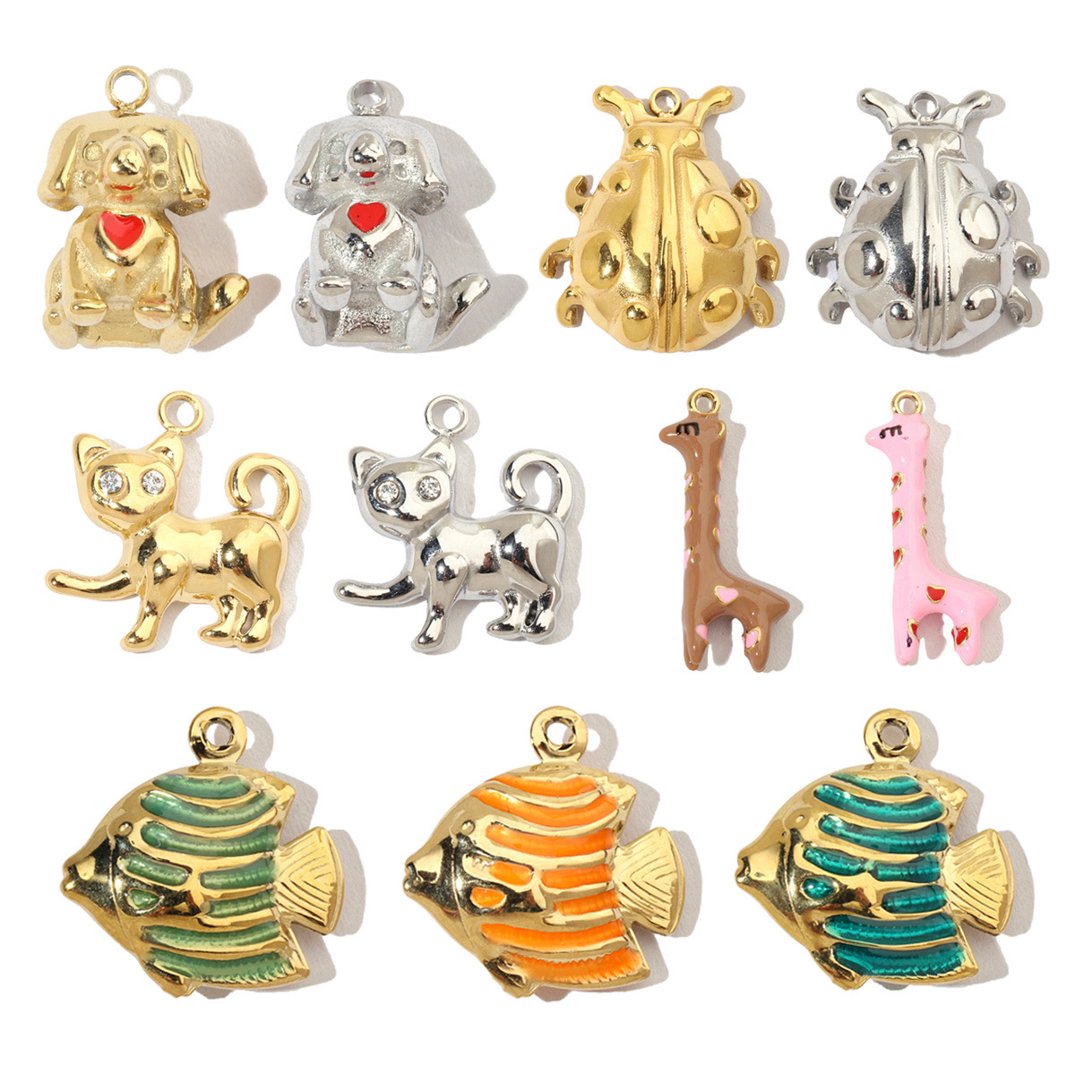 Enamel Puppy Kitten Giraffe Fish Stainless Steel Charms