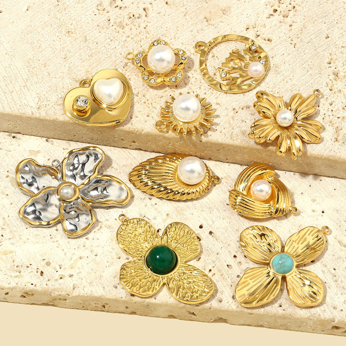 Pearl Flower Heart Coral Stainless Steel Charms