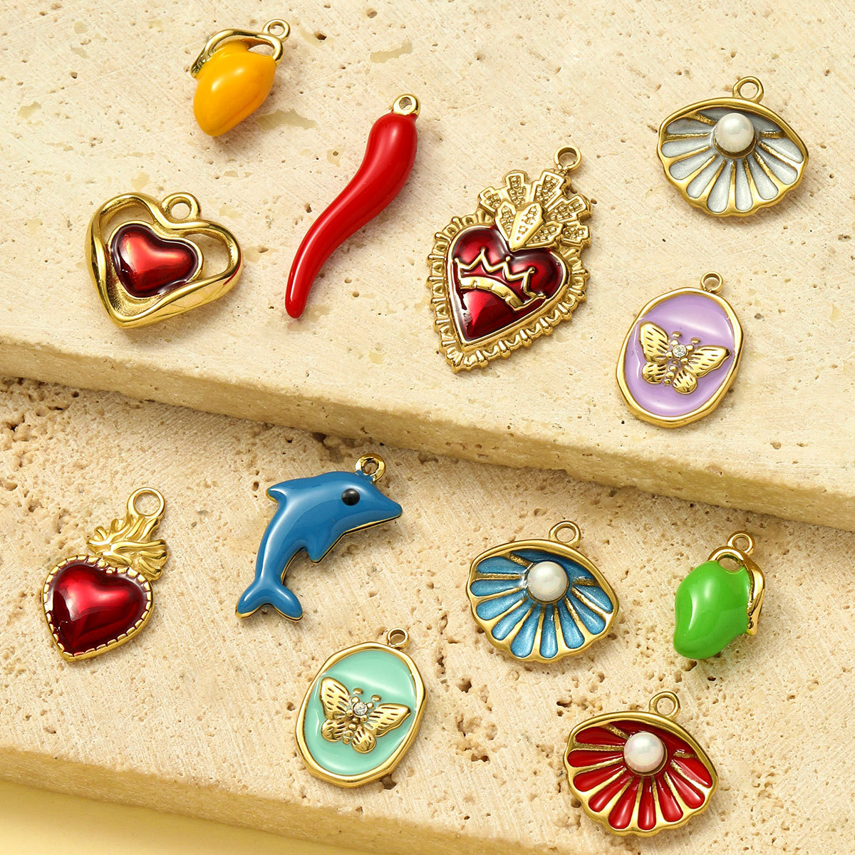 Enamel Shell Dolphin Pepper Stainless Steel Charms