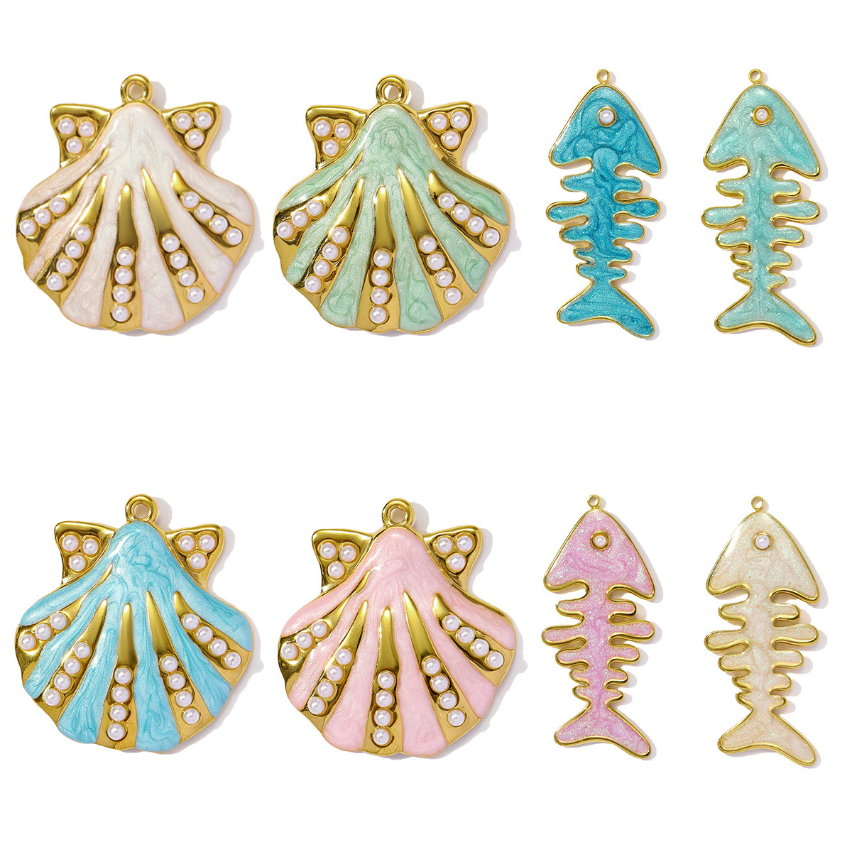 Enamel Pearl Shell Fishbone Stainless Steel Charms