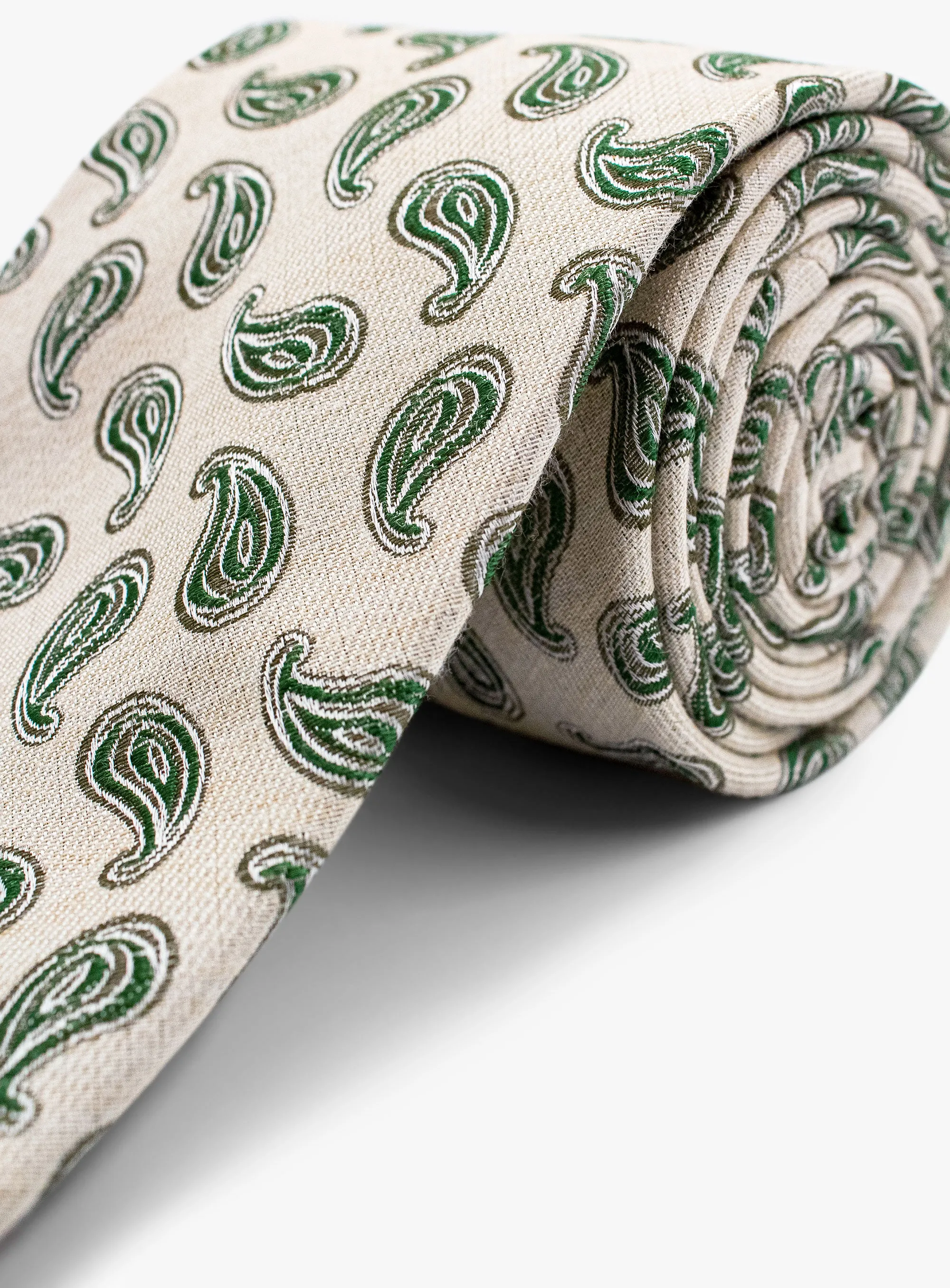 Bottinelli Italian Tie: Cream with Green Paisley 