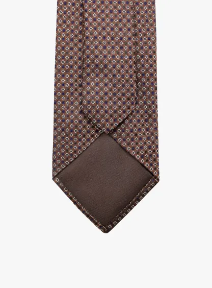 Bottinelli Italian Tie: Chocolate with Navy and Ivory Micro Diamond Motif