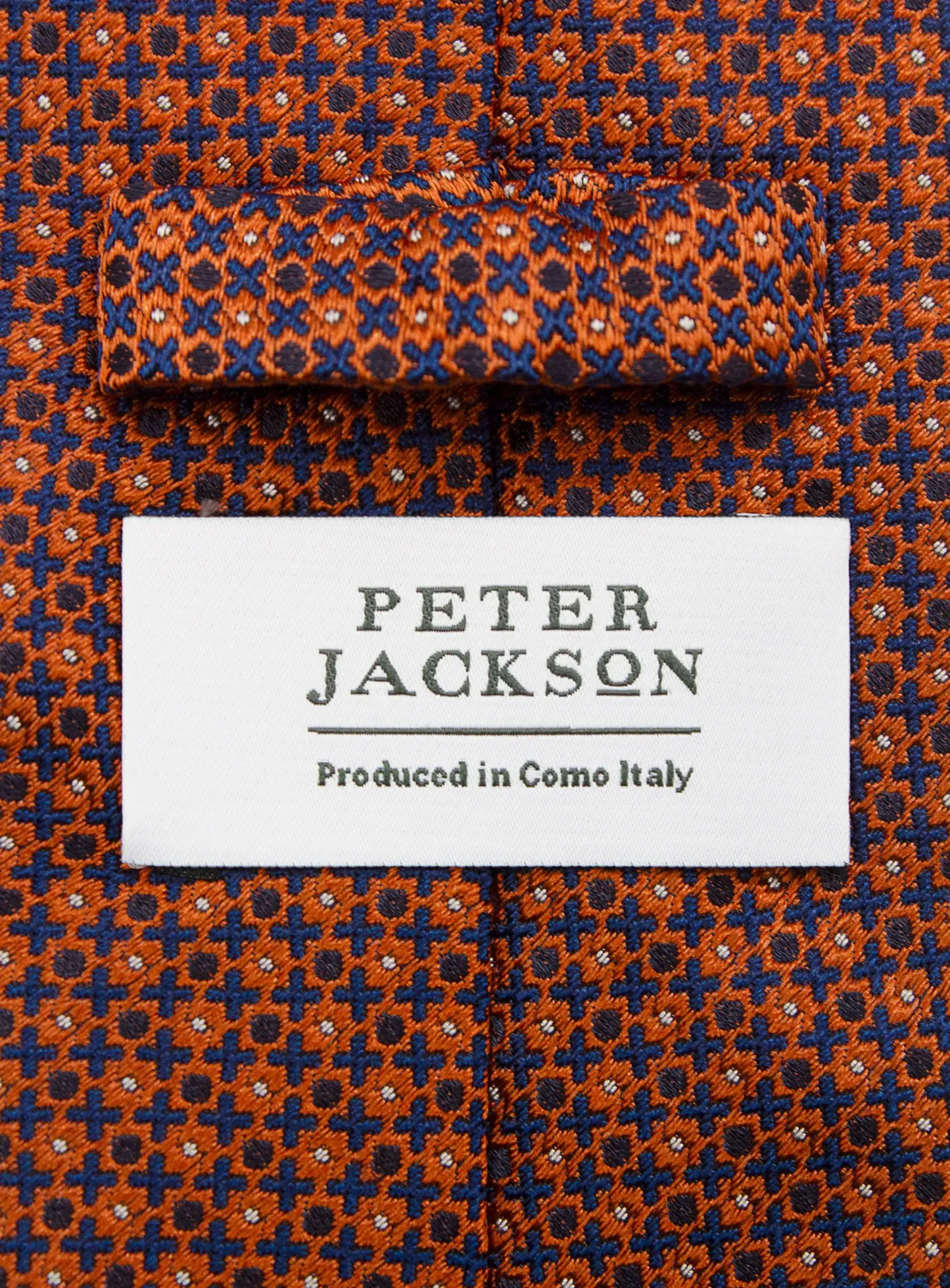 Bottinelli Italian Tie: Burnt Orange with Navy Geometric Motif