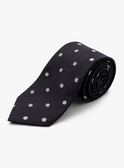 Black Silk Tie with Classic White Polka Dots