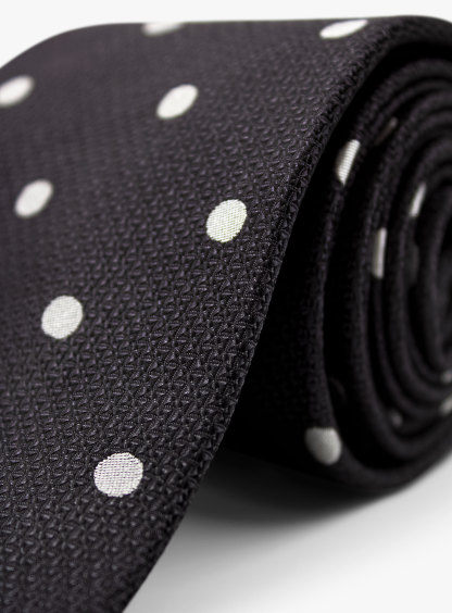Black Silk Tie with Classic White Polka Dots