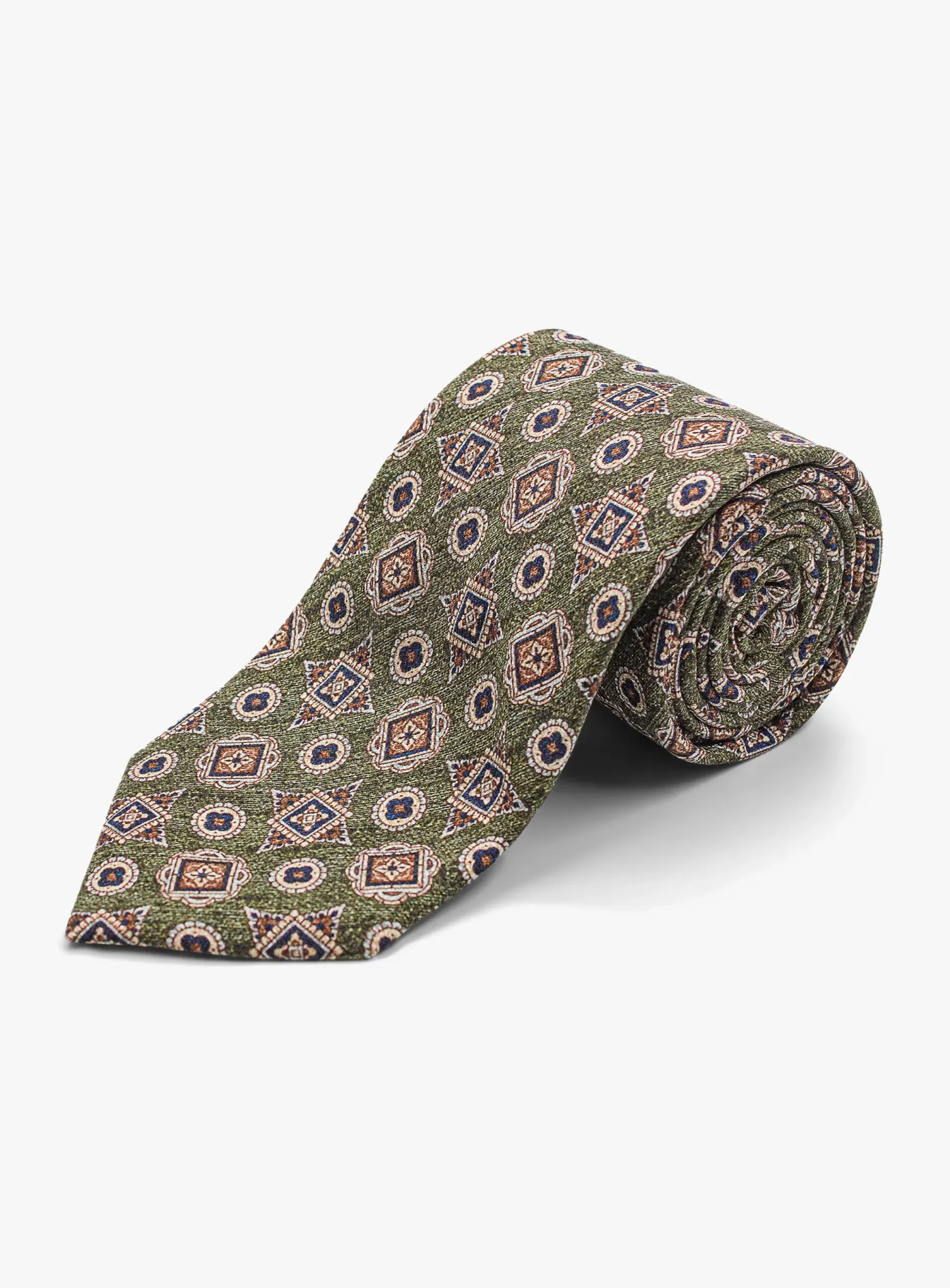 Bottinelli Italian Tie: Olive with Amber and Navy Geometric Medallions