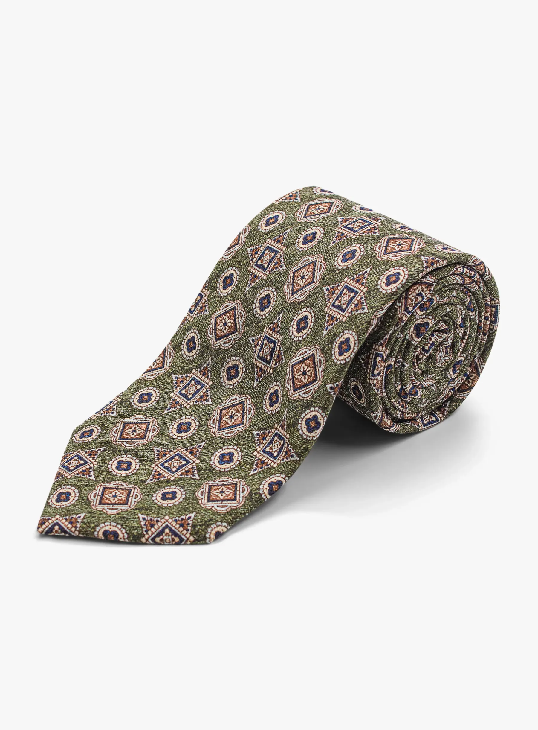 Bottinelli Italian Tie: Olive with Amber and Navy Geometric Medallions