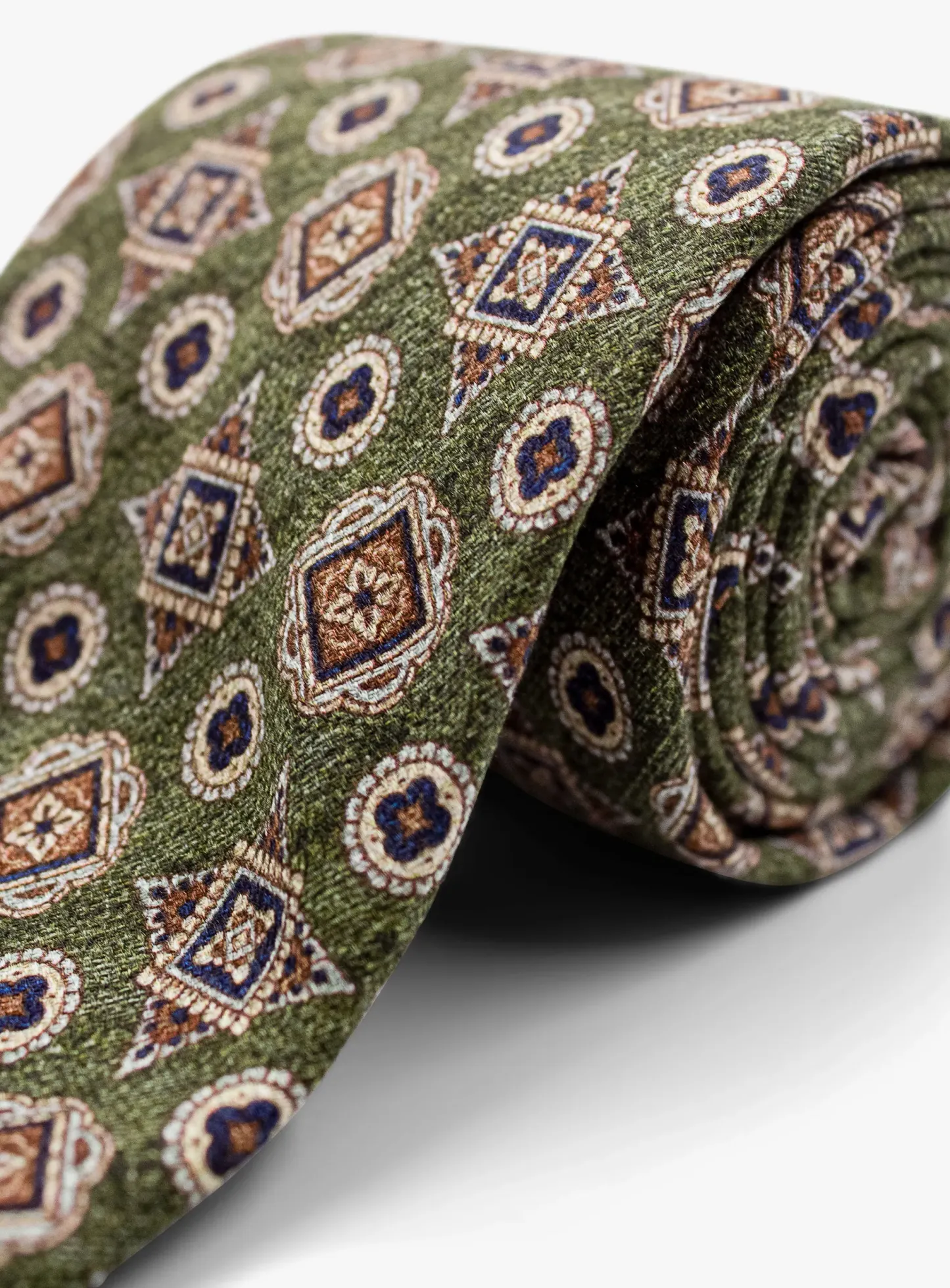 Bottinelli Italian Tie: Olive with Amber and Navy Geometric Medallions