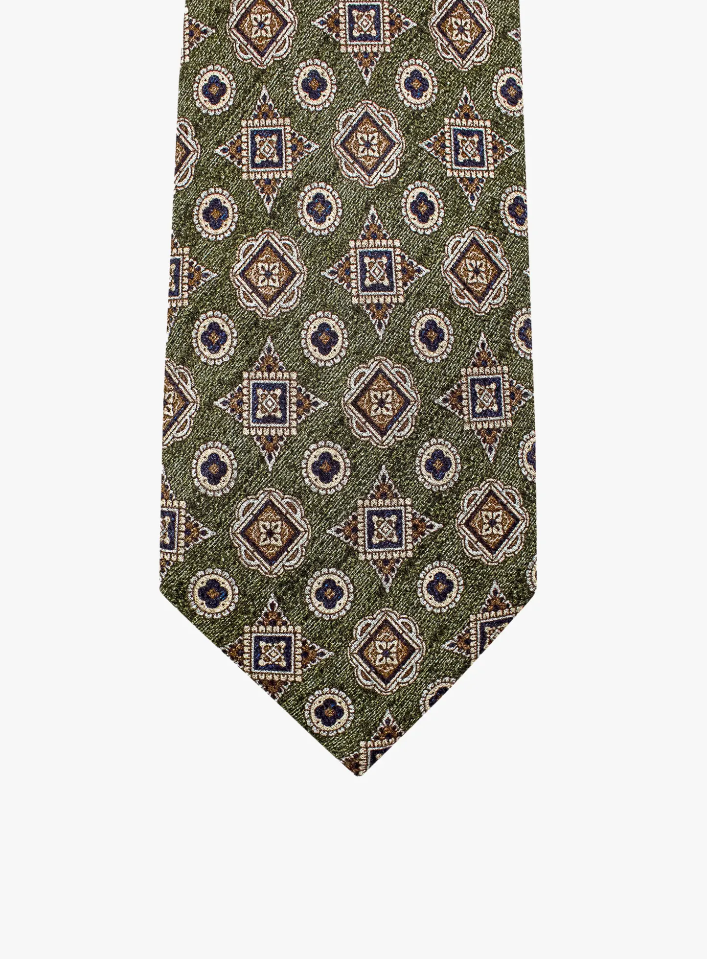 Bottinelli Italian Tie: Olive with Amber and Navy Geometric Medallions