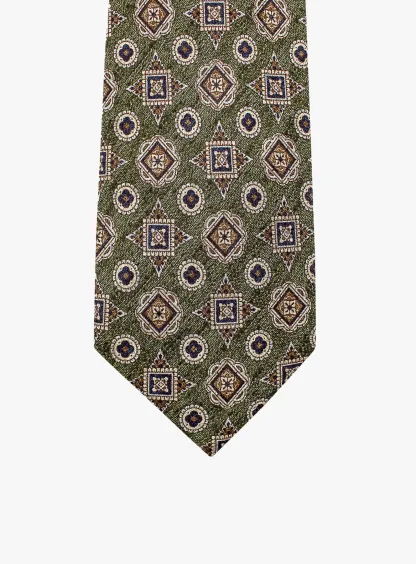 Bottinelli Italian Tie: Olive with Amber and Navy Geometric Medallions