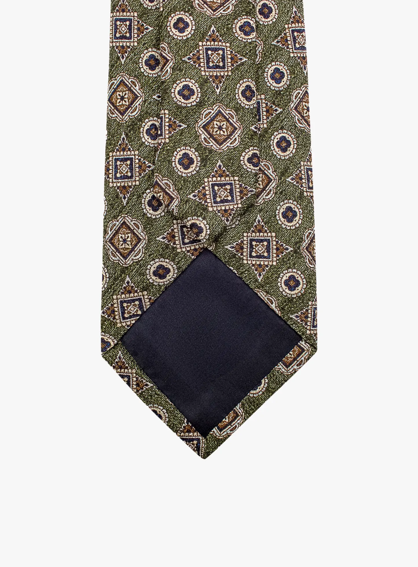 Bottinelli Italian Tie: Olive with Amber and Navy Geometric Medallions