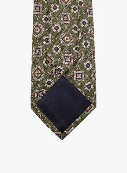 Bottinelli Italian Tie: Olive with Amber and Navy Geometric Medallions