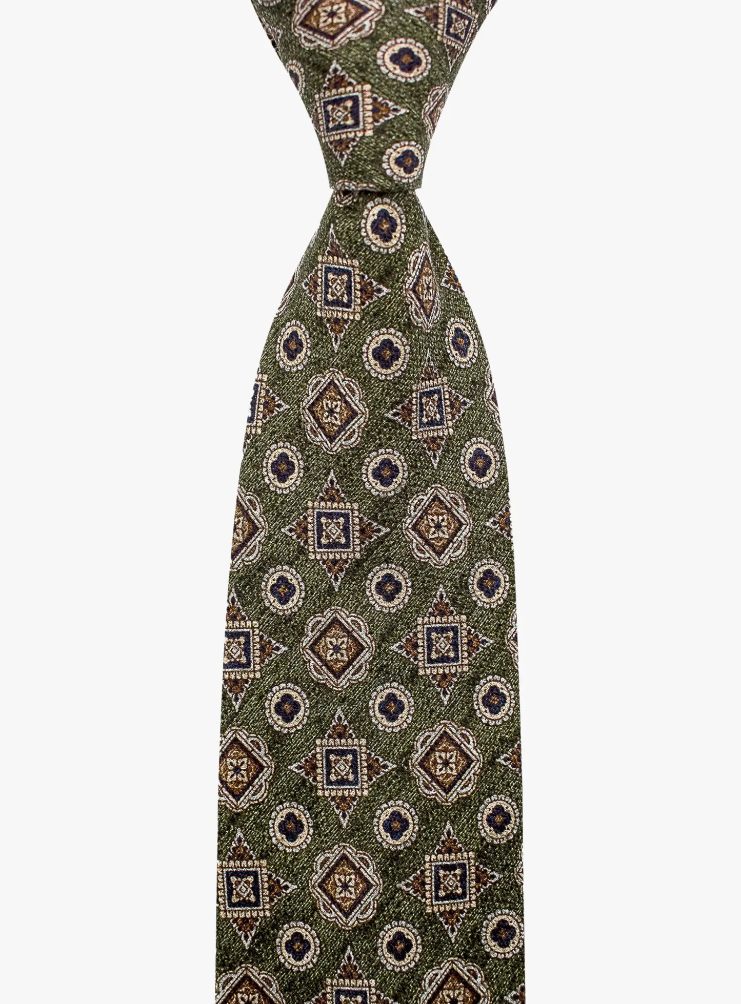 Bottinelli Italian Tie: Olive with Amber and Navy Geometric Medallions