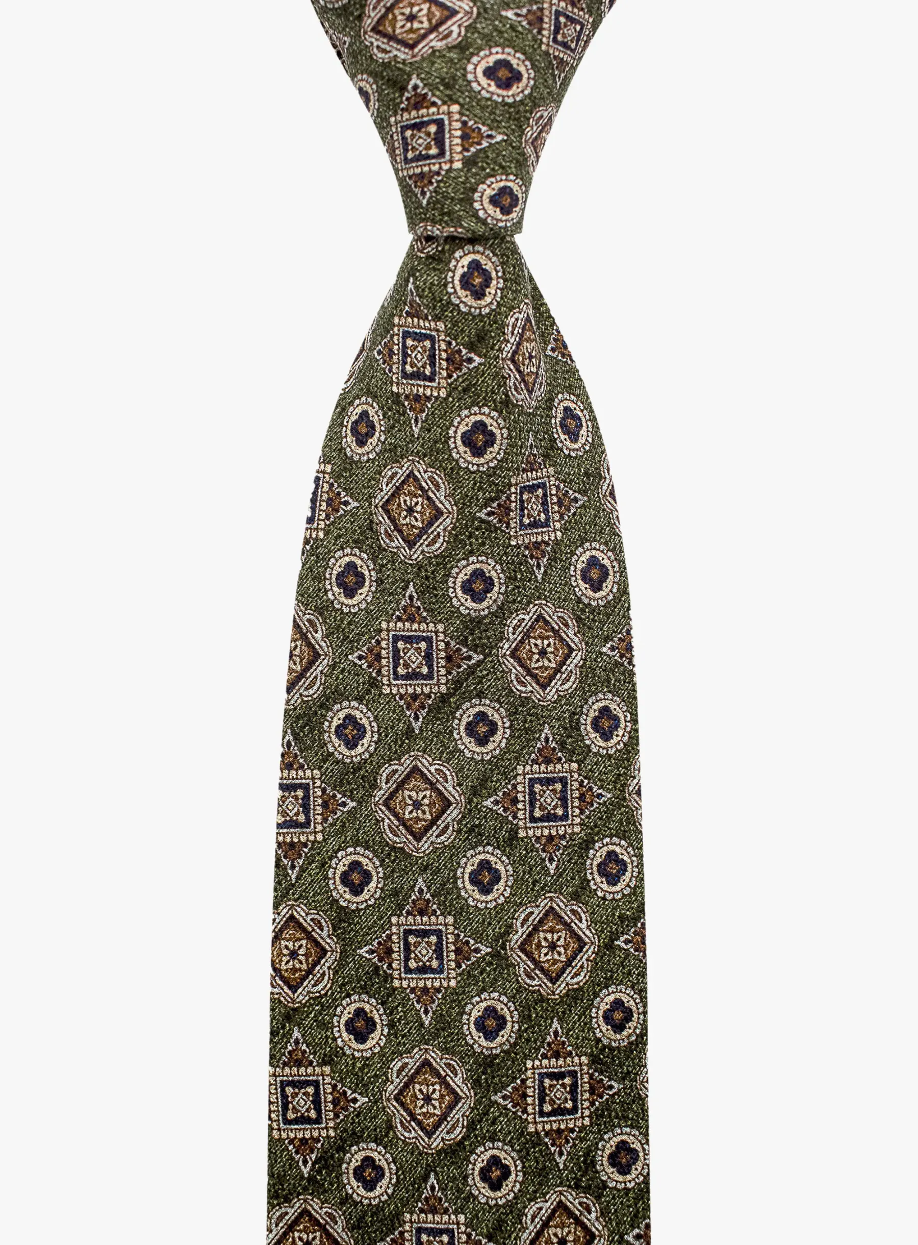 Bottinelli Italian Tie: Olive with Amber and Navy Geometric Medallions