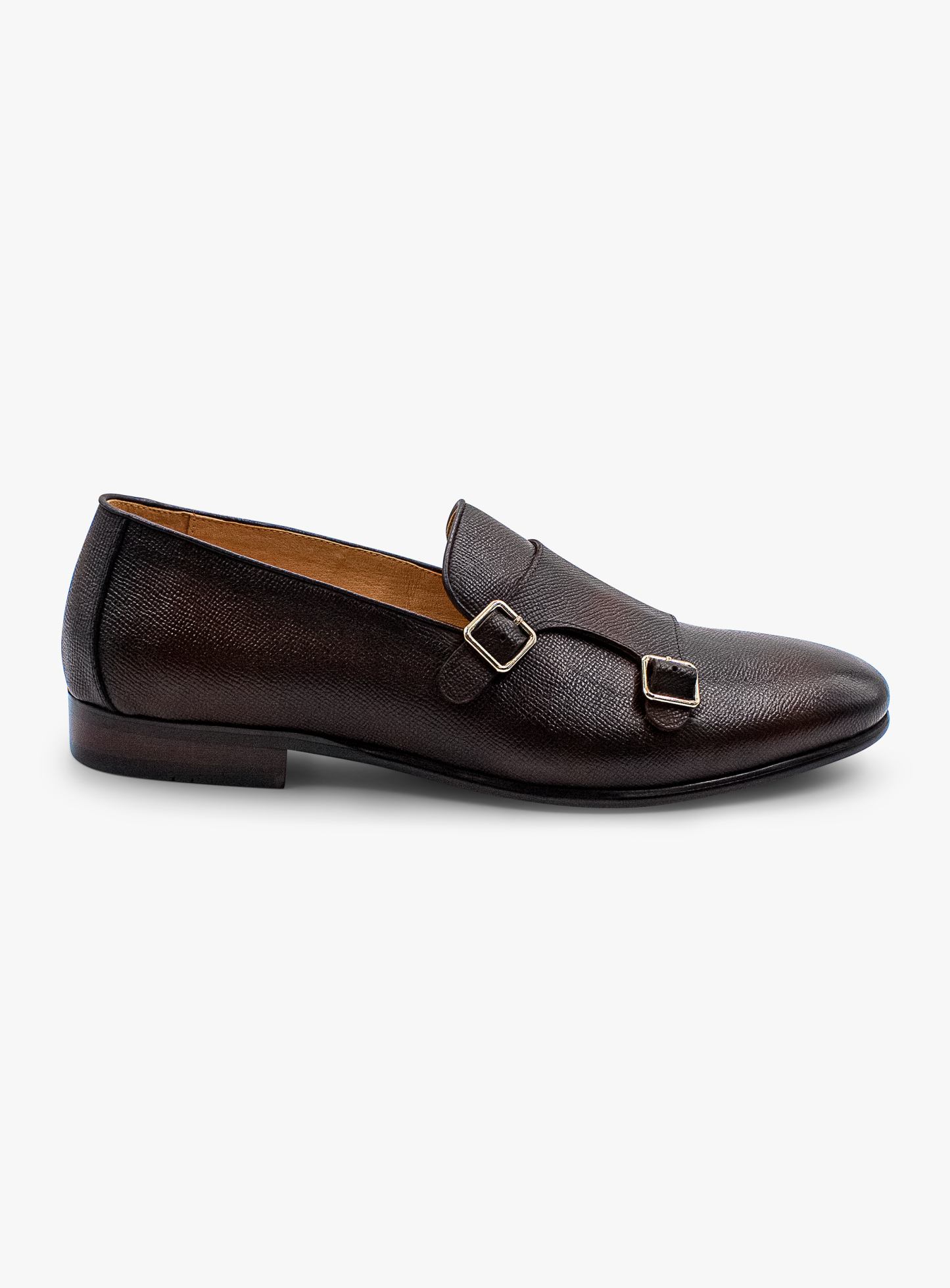 Dark Brown Pebbled Leather Double Monk Loafer