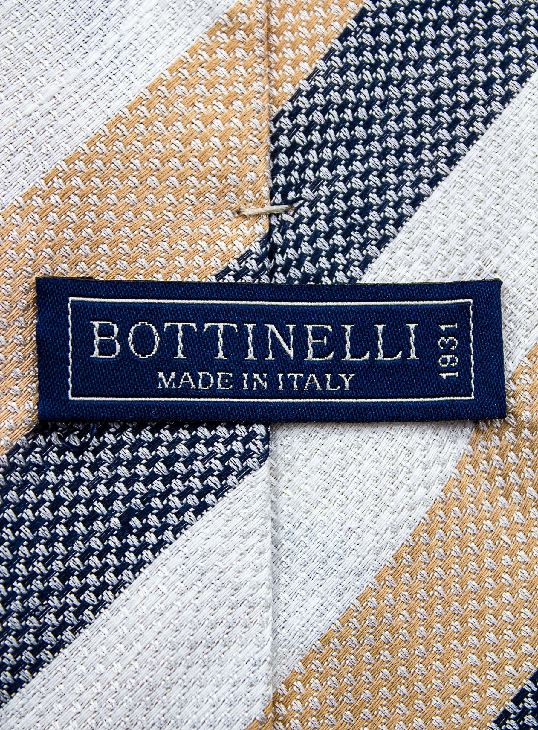 Bottinelli Italian Tie: Beige, White, and Navy Stripe