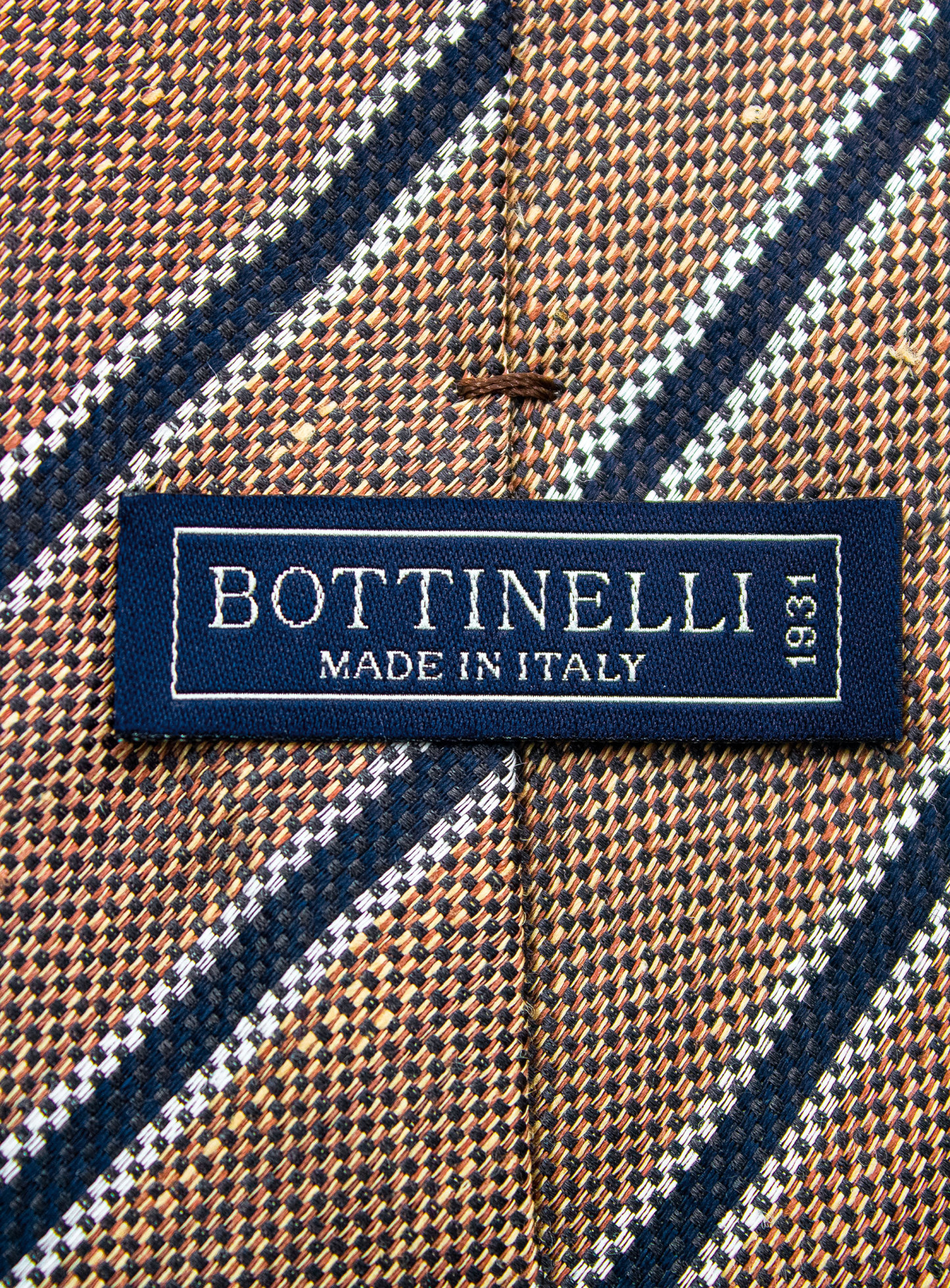 Bottinelli Italian Tie: Brown, Navy, and White Stripe