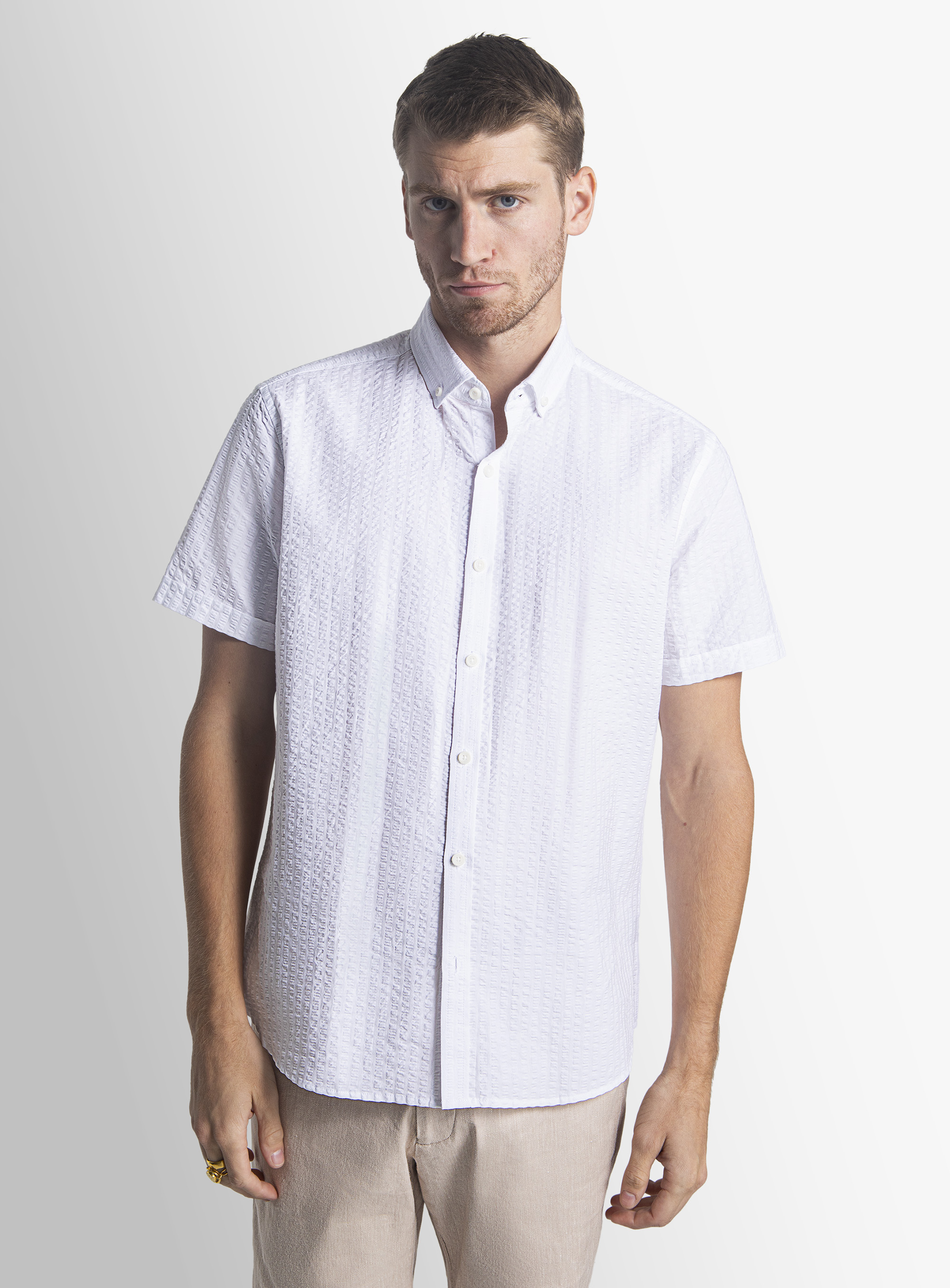 White Seersucker Short Sleeve Shirt
