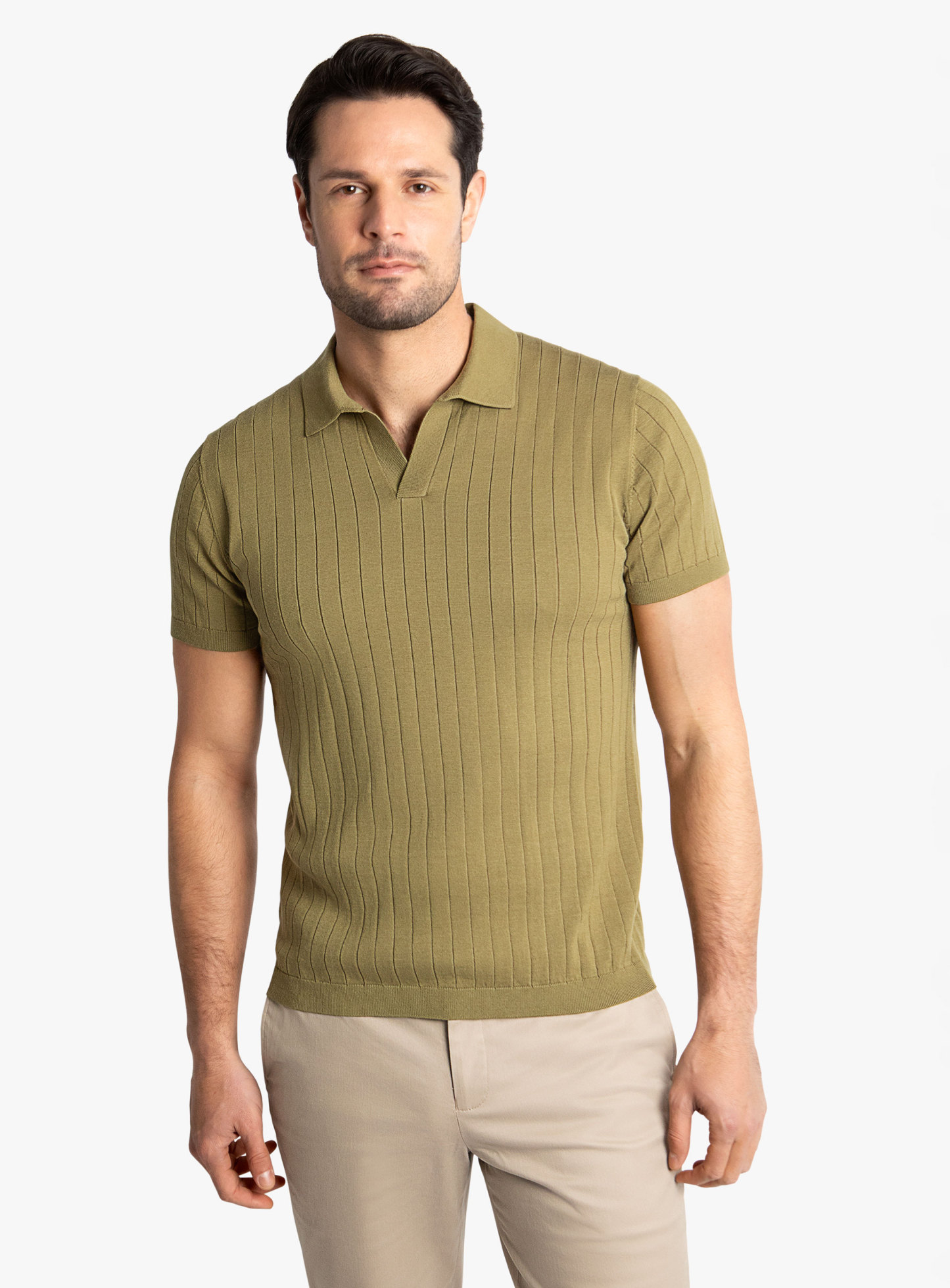 Geno Ribbed Short Sleeve Khaki Green Polo