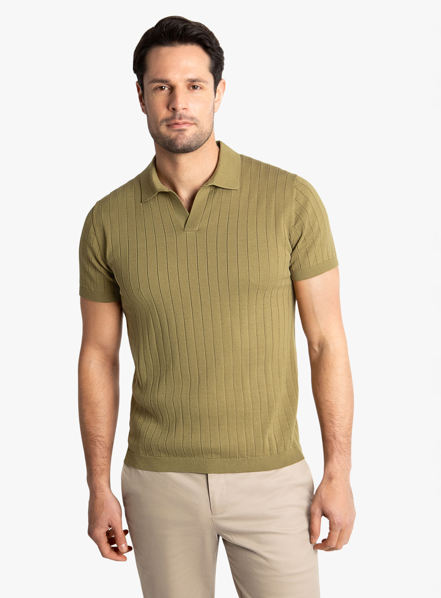 Geno Ribbed Short Sleeve Khaki Green Polo