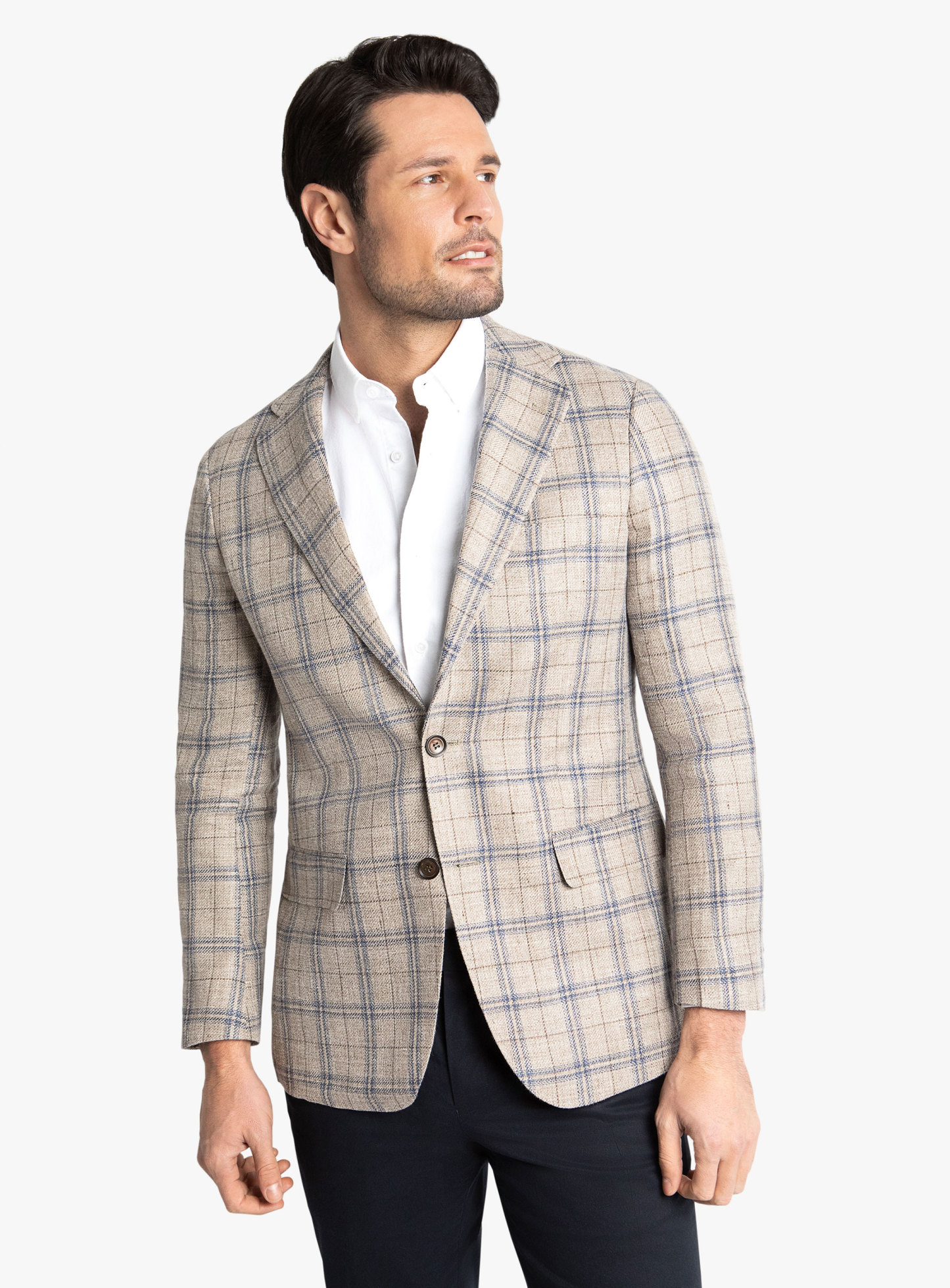Vicenzo Taupe Blue Plaid Jacket