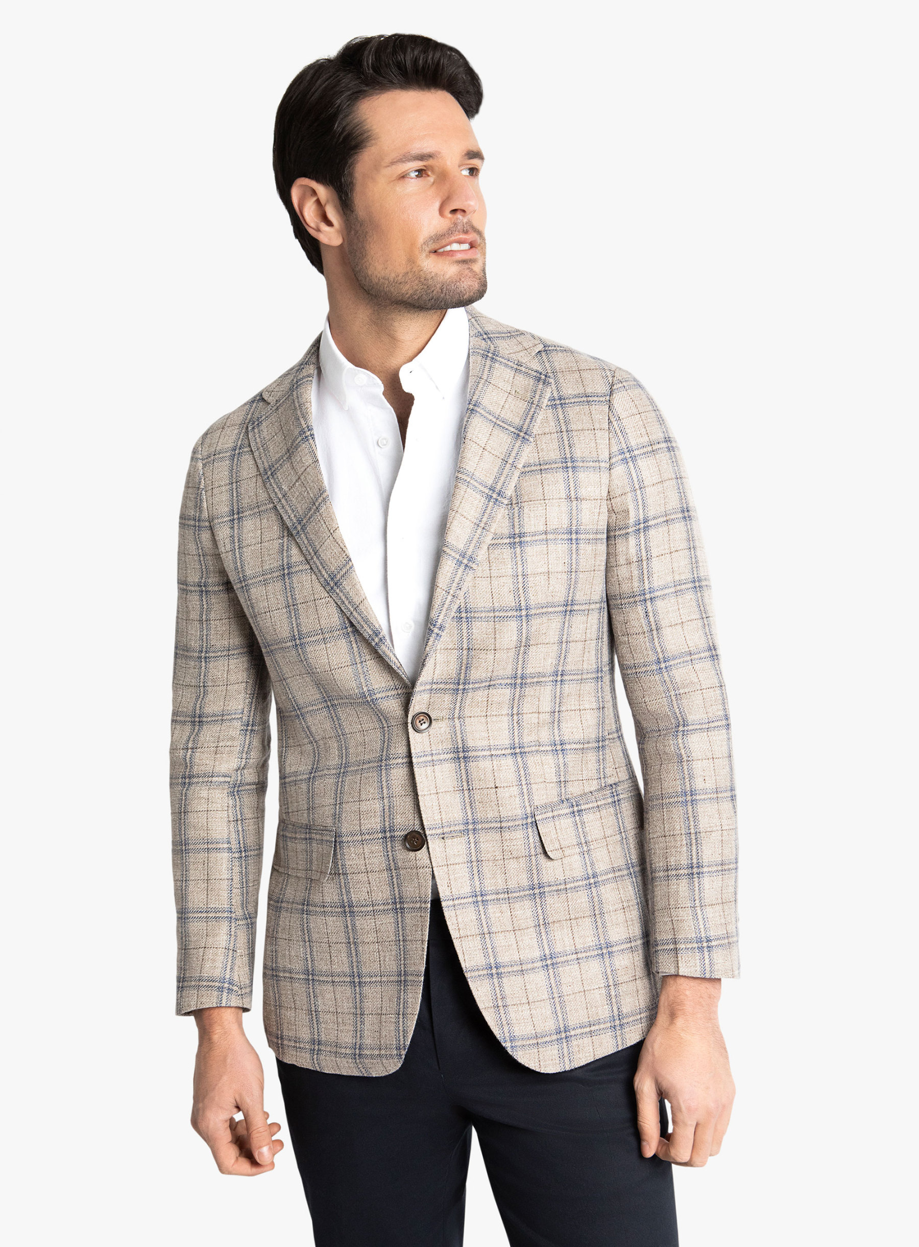 Vicenzo Taupe Blue Plaid Jacket