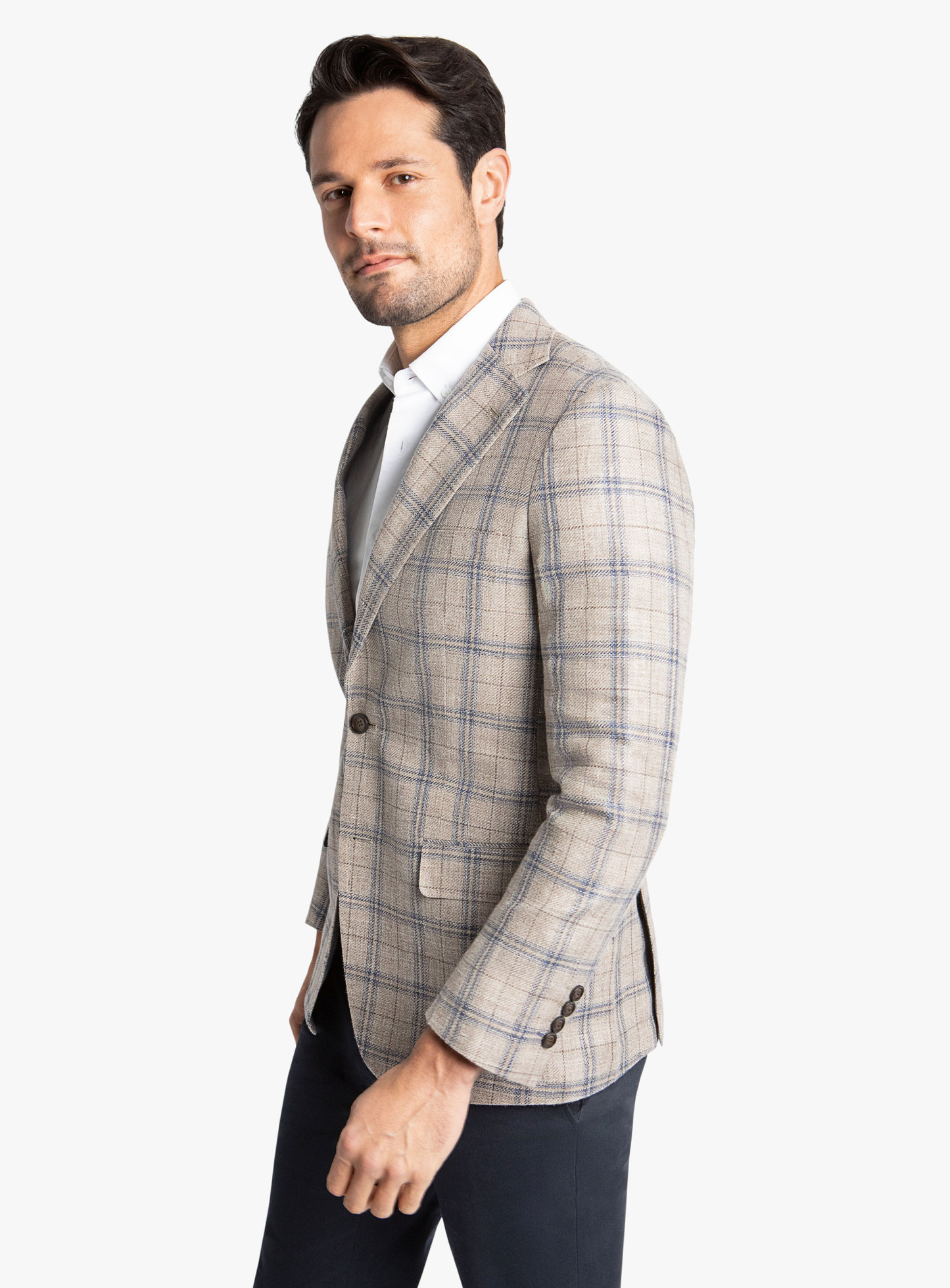 Vicenzo Taupe Blue Plaid Jacket