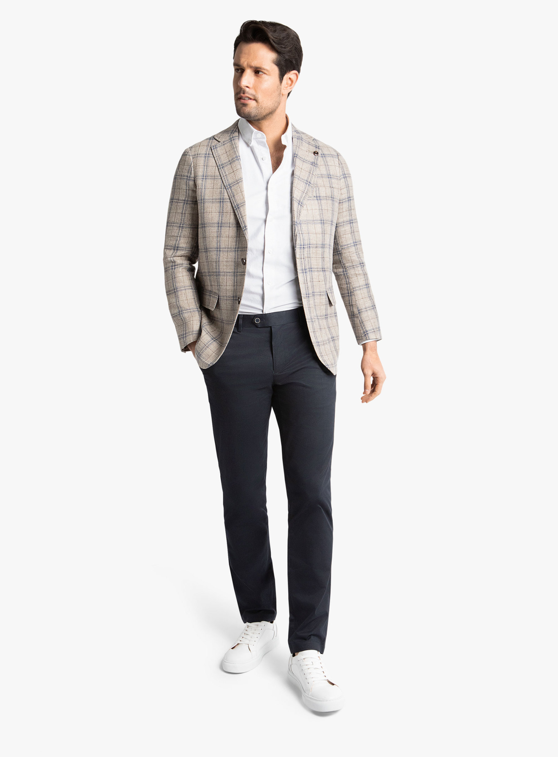 Vicenzo Taupe Blue Plaid Jacket