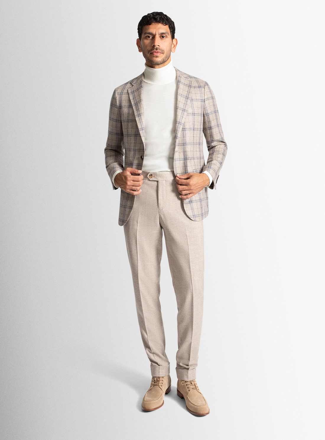 Vicenzo Taupe Blue Plaid Jacket