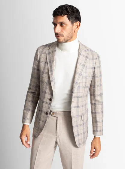 Vicenzo Taupe Blue Plaid Jacket