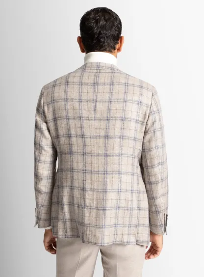 Vicenzo Taupe Blue Plaid Jacket