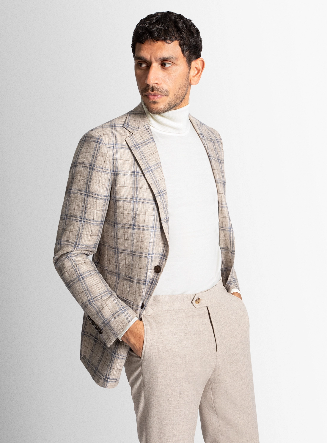 Vicenzo Taupe Blue Plaid Jacket