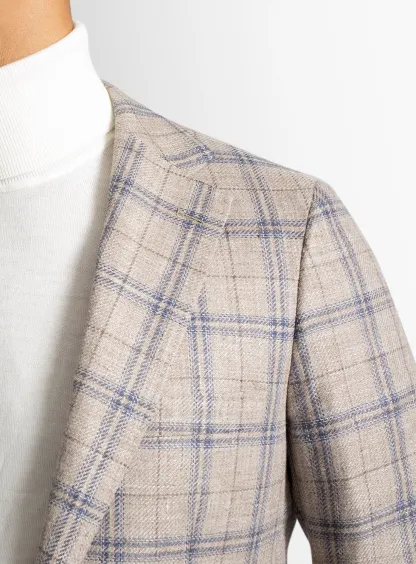 Vicenzo Taupe Blue Plaid Jacket