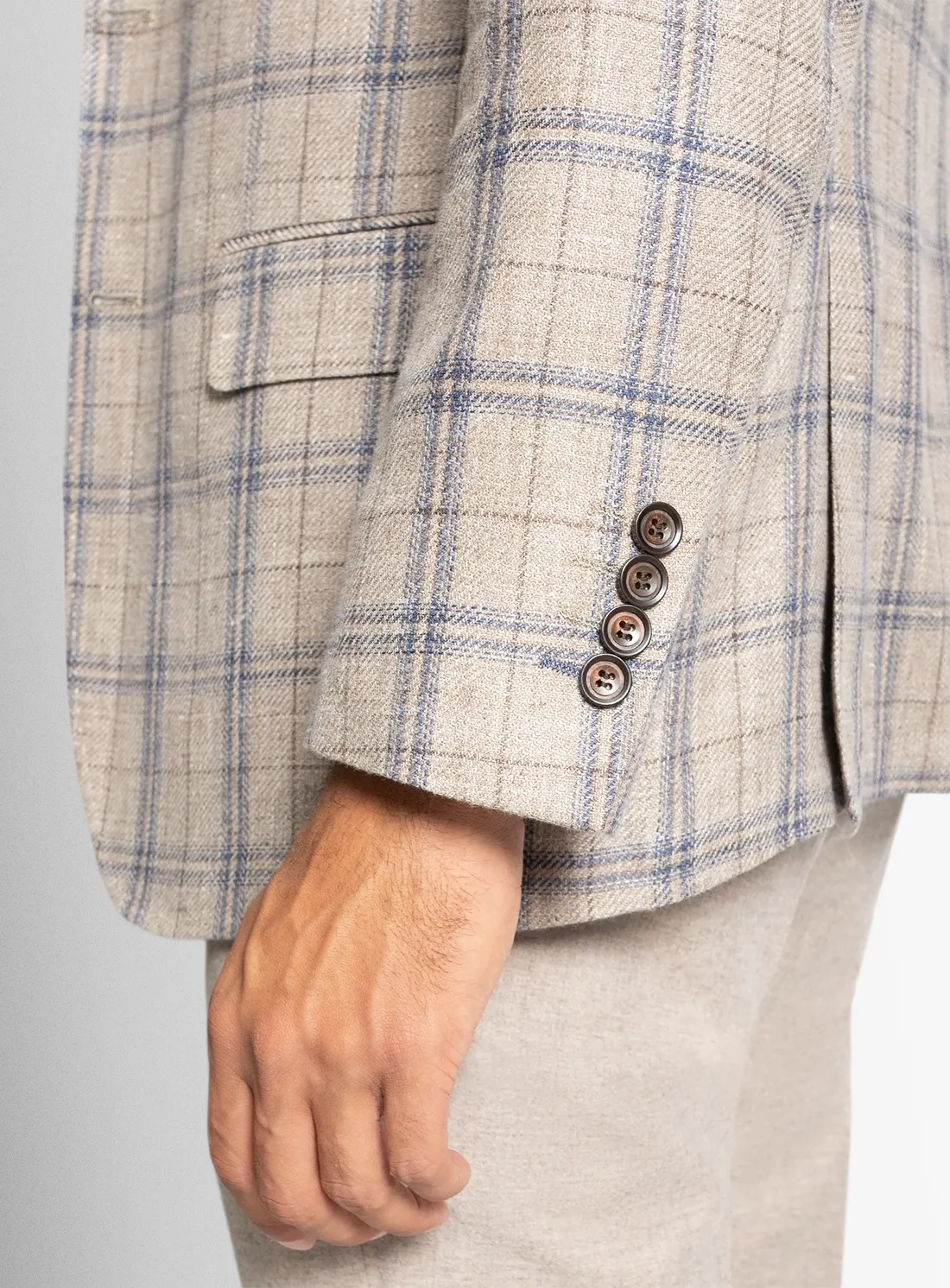 Vicenzo Taupe Blue Plaid Jacket