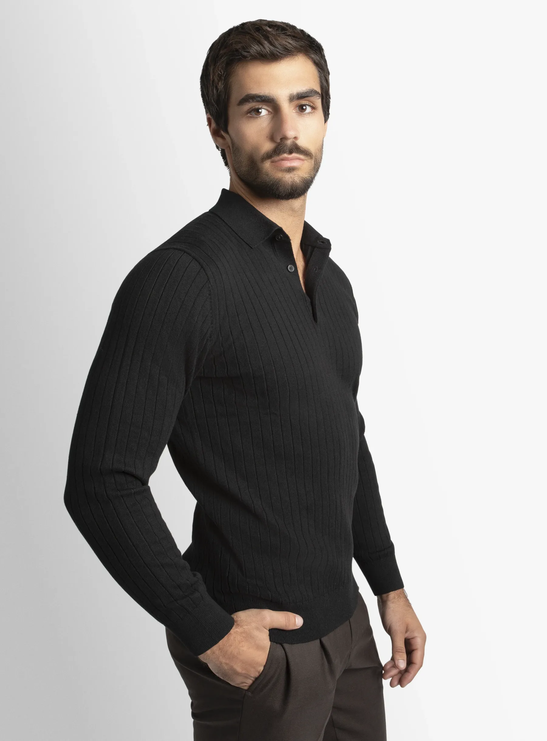 Black Cotton/Cashmere Fine Rib Knit Polo