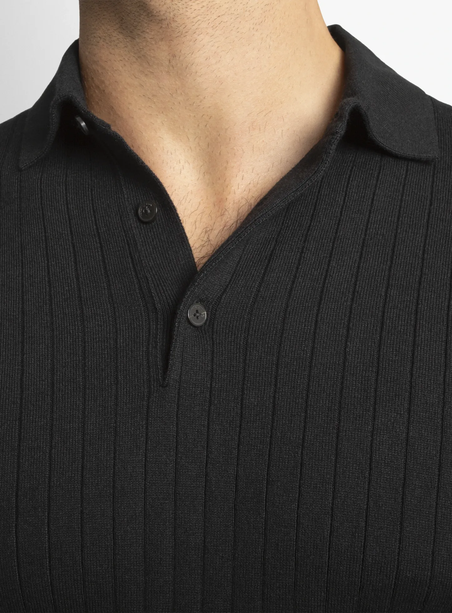 Black Cotton/Cashmere Fine Rib Knit Polo