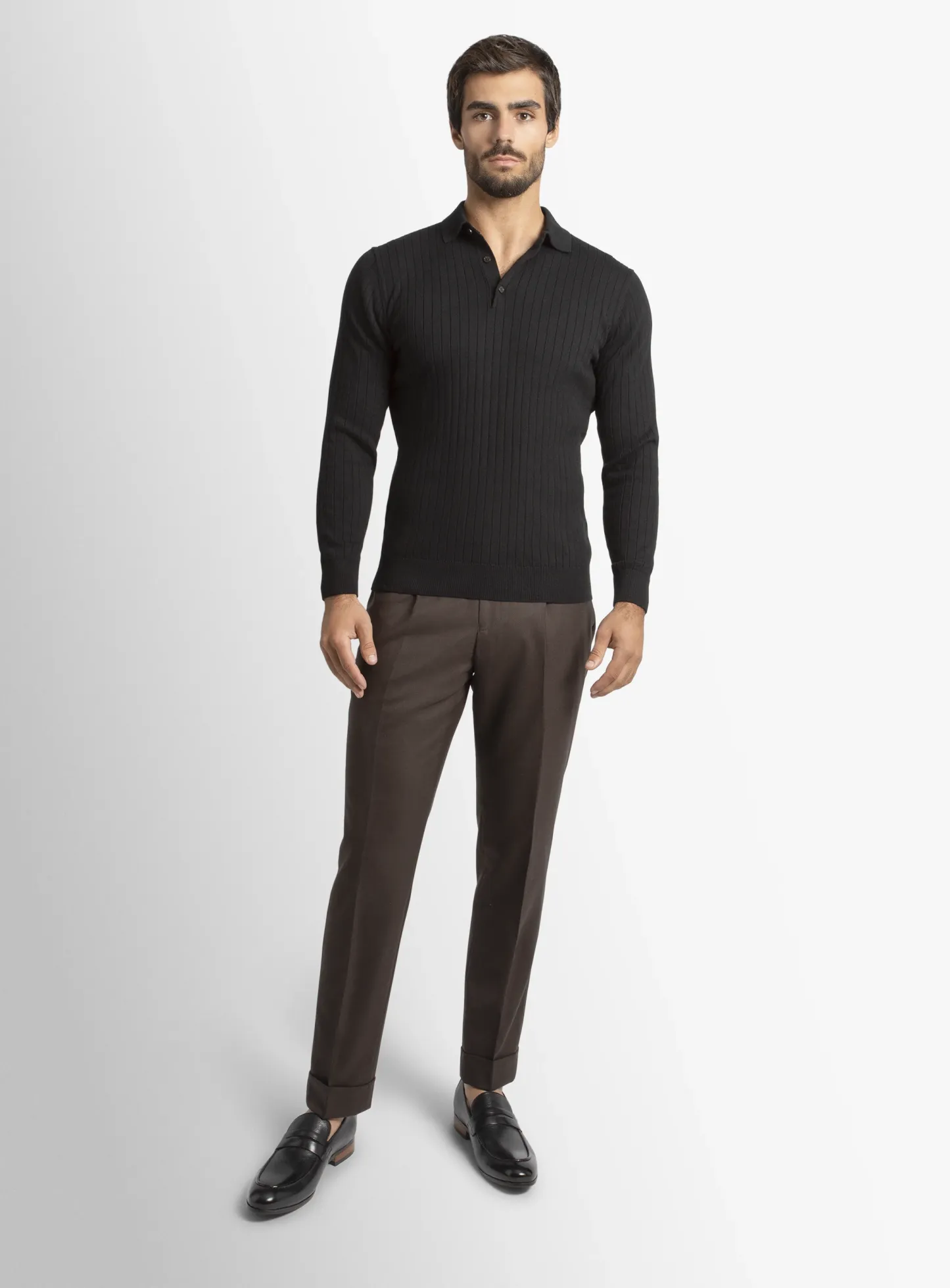 Black Cotton/Cashmere Fine Rib Knit Polo