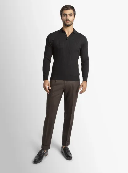 Black Cotton/Cashmere Fine Rib Knit Polo