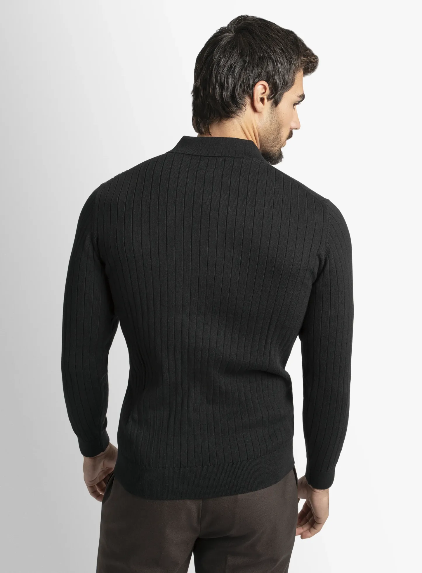 Black Cotton/Cashmere Fine Rib Knit Polo