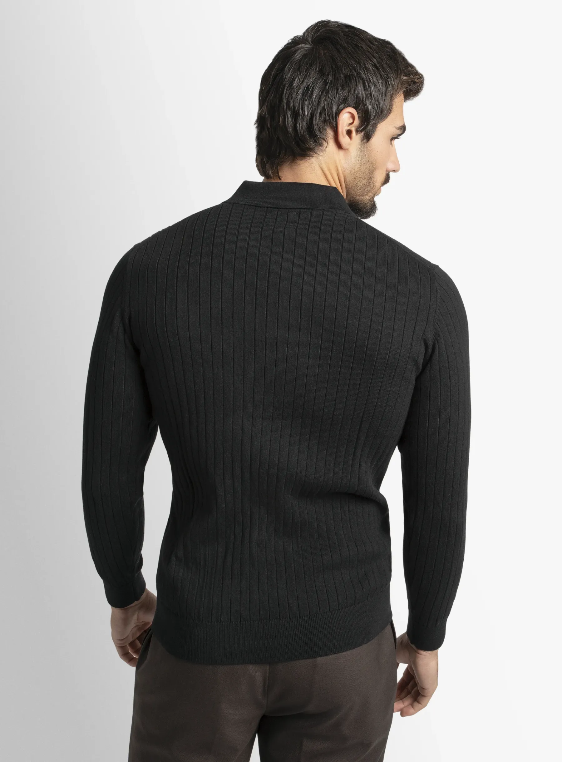 Black Cotton/Cashmere Fine Rib Knit Polo