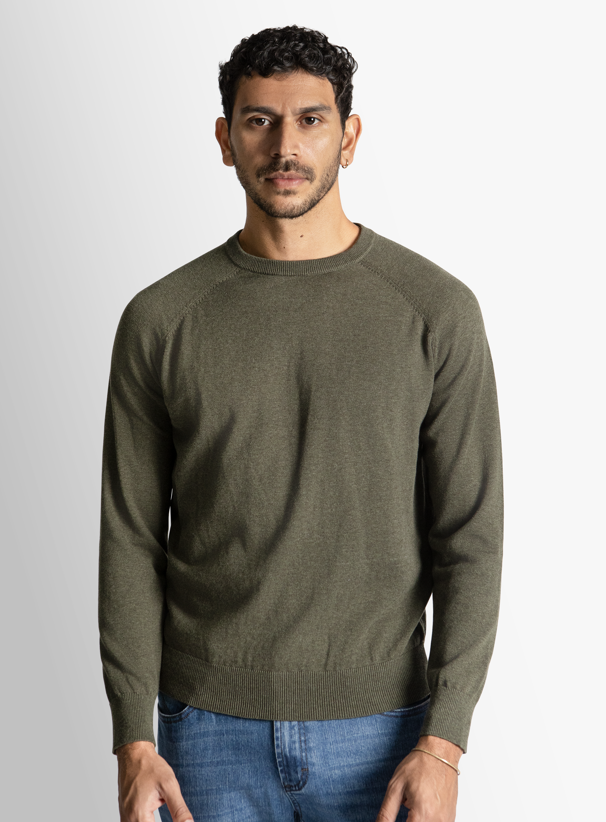 Olive Cotton Casual Crewneck Knit 