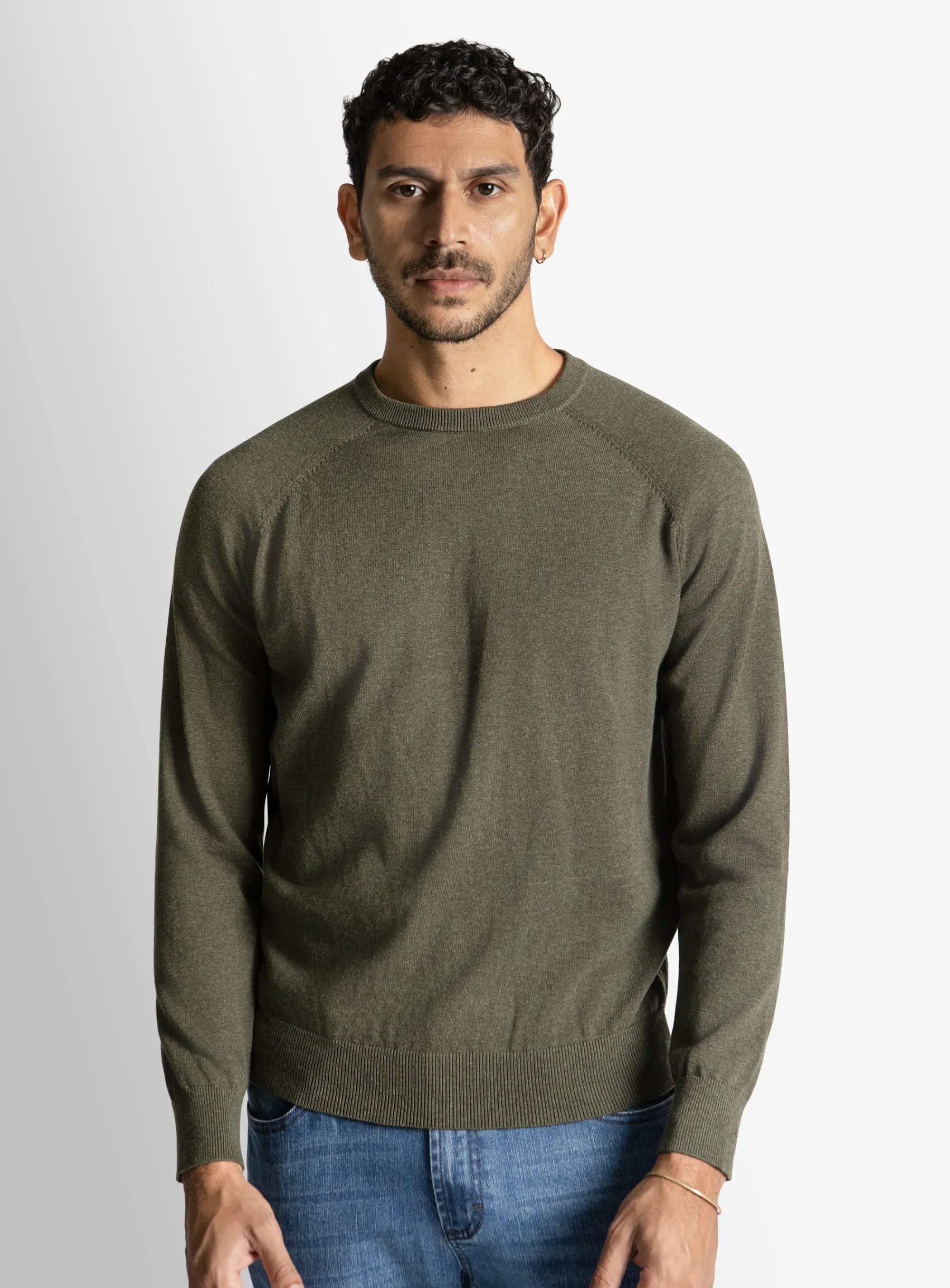 Olive Cotton Casual Crewneck Knit